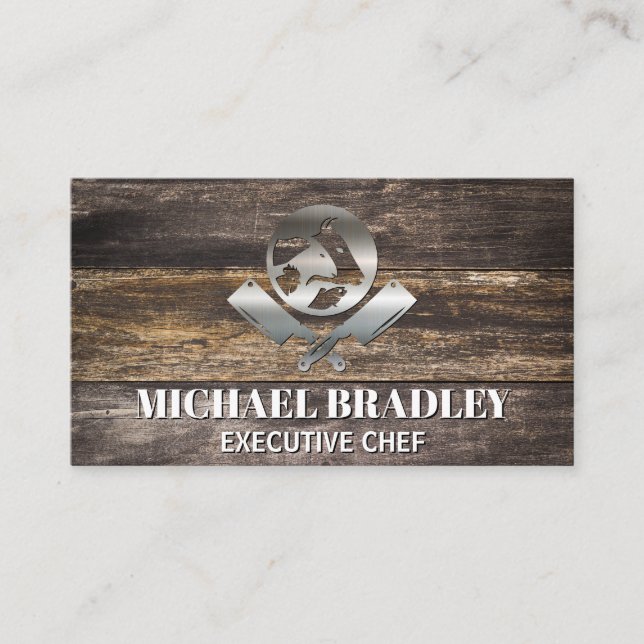 Carte De Visite Boucher Couteaux Animaux Logo | BBQ en bois métall (Devant)