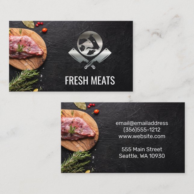 Carte De Visite Boucher viande coupée | Logo du chef métallique (Devant / Derrière)