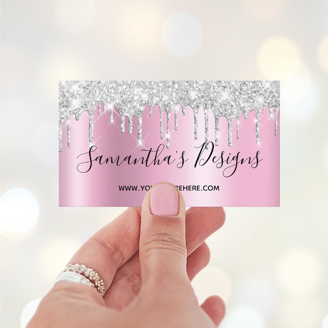Carte De Visite Bouches Parties scintillant argent Mauve Pink Ombr (Digital Art Dripping Glitter Business Cards for Her)