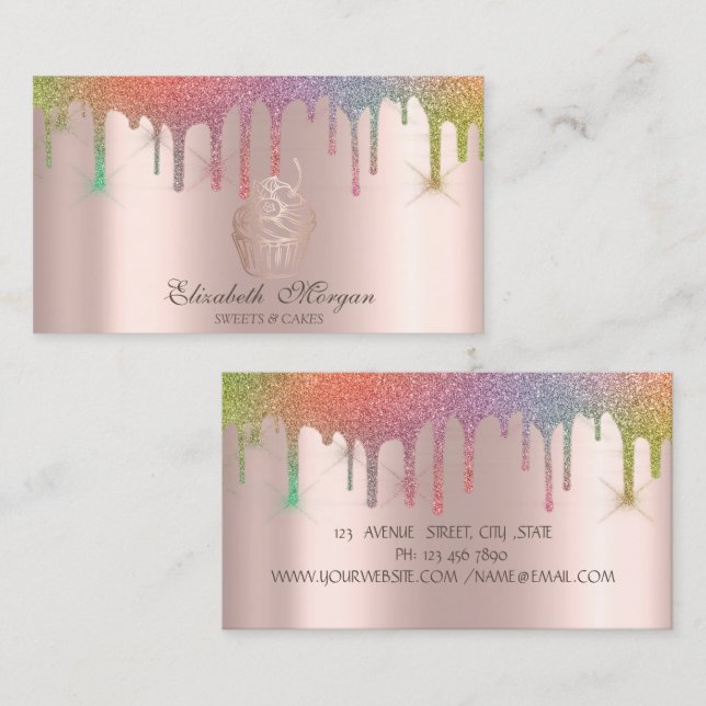 Carte De Visite Boulangerie Chic Cupcake Rainbow Drips (Devant / Derrière)