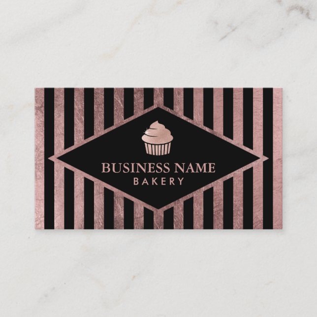 Carte De Visite Boulangerie Cupcake Moderne Rose Gold & Black Stri (Devant)