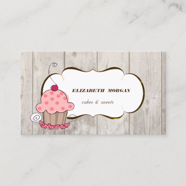 Carte De Visite Boulangerie de Cupcake romantique, Texture de Bois (Devant)