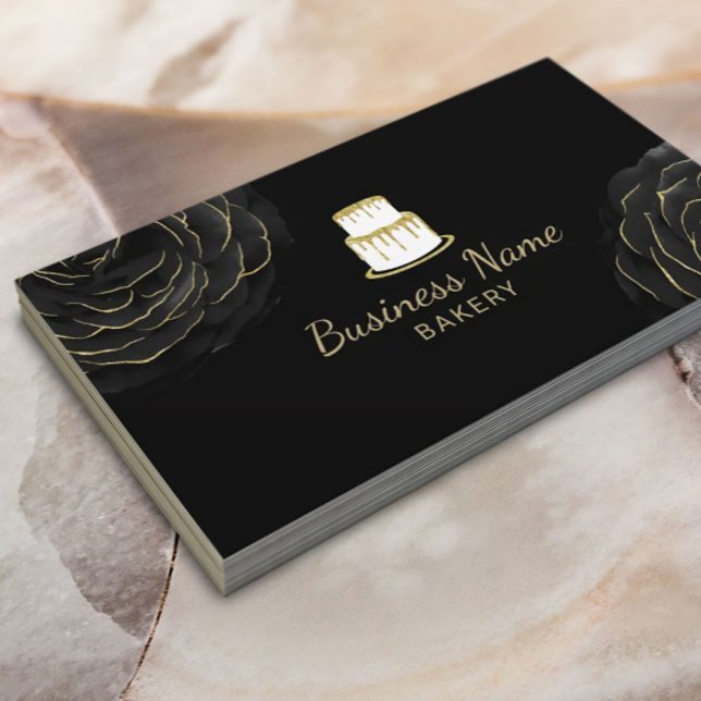 Carte De Visite Boulangerie Gold Cake Logo Élégant Black Floral Ch (Créateur téléchargé)