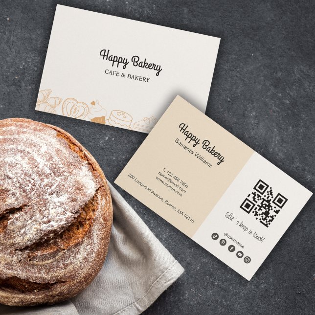 Carte De Visite Boulangerie Icônes Beiges Code Qr Médias sociaux (Bakery Beige Icons Qr Code Social Media Business Card)
