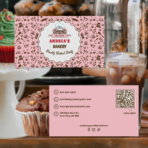 Carte De Visite Boulangerie Logo & QR Code Cute Pastel Rose Person