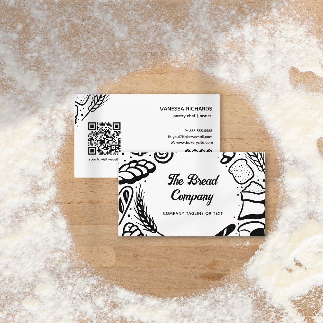 Carte De Visite Boulangerie moderne Black Baked Biens Frontière QR (Créateur téléchargé)