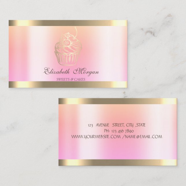 Carte De Visite Boulangerie Ombre Chic Cupcake Gold Stripe (Devant / Derrière)