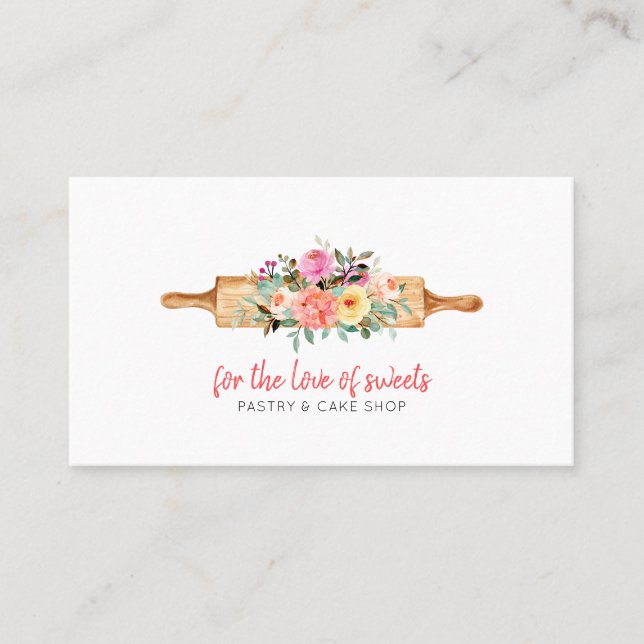 Carte De Visite Boulangerie ou pâtisserie - Rolling Pin & Florals  (Devant)