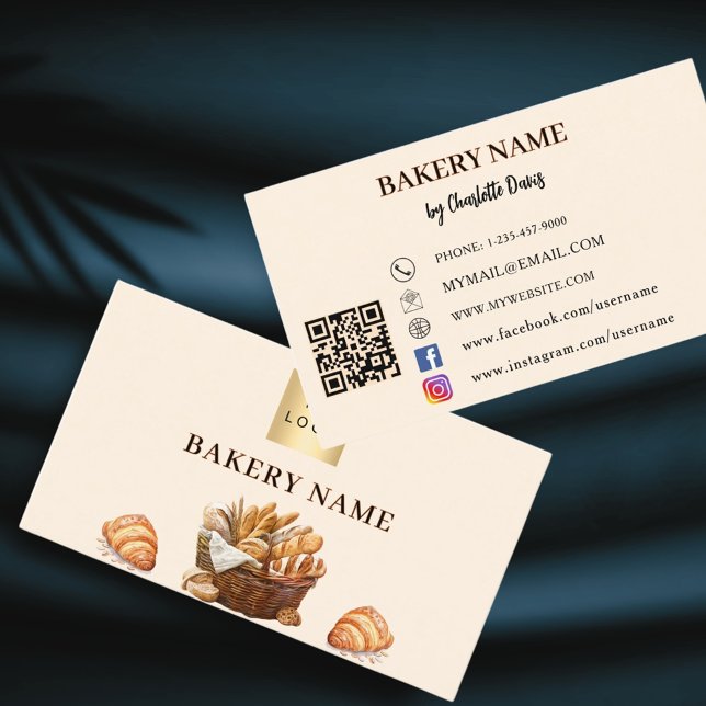 Carte De Visite Boulangerie pâte à pain crème beige QR code logo (Créateur téléchargé)