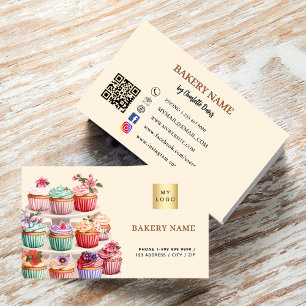 Carte De Visite Boulangerie pâtisserie beige crème rose QR code lo