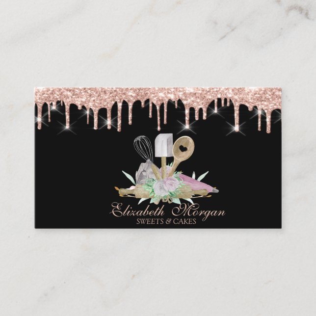 Carte De Visite Boulangerie Pâtisserie Outils à main Fleurs Rose g (Devant)