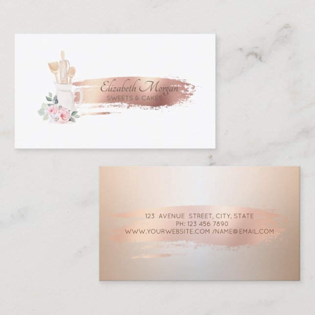 Carte De Visite Boulangerie rose Brush Or Boulangerie Outils à mai (Devant / Derrière)
