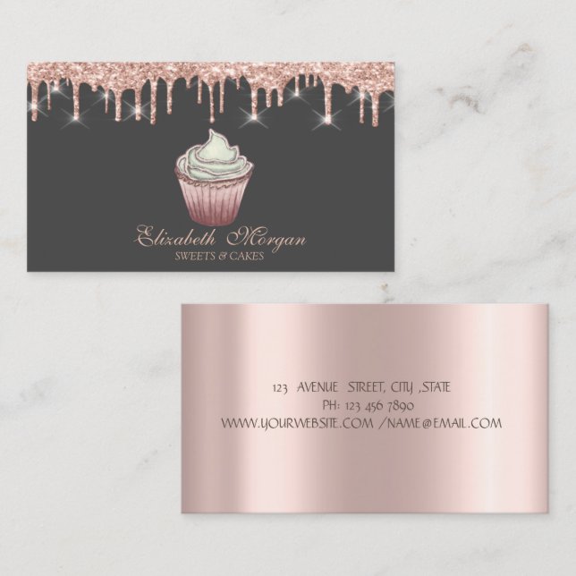 Carte De Visite Boulangerie Rose de cupcake Gold Drives (Devant / Derrière)