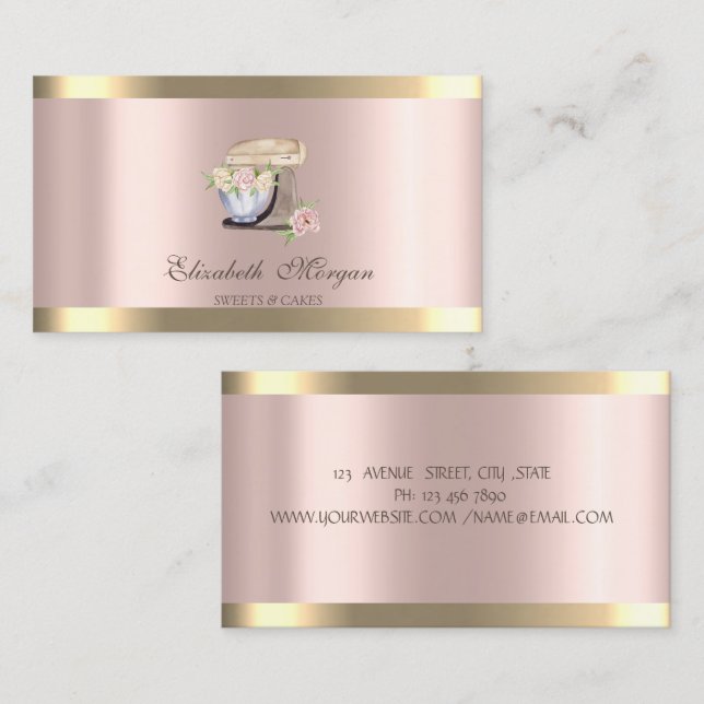 Carte De Visite Boulangerie Rose or Rétro Mixer Gold Stripe (Devant / Derrière)