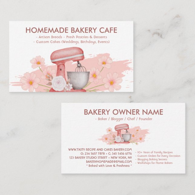Carte De Visite Boulangerie simple de gâteau rose floral (Devant / Derrière)