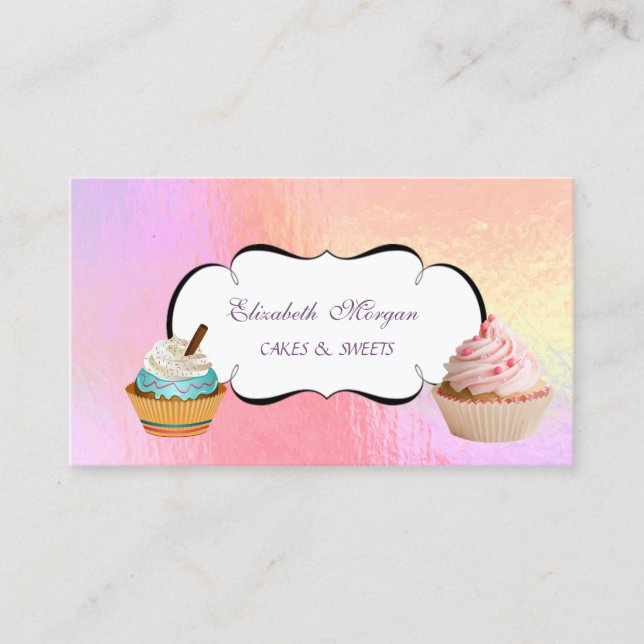 Carte De Visite Boulangerie tendance Cute Cupcake Holographique co (Devant)