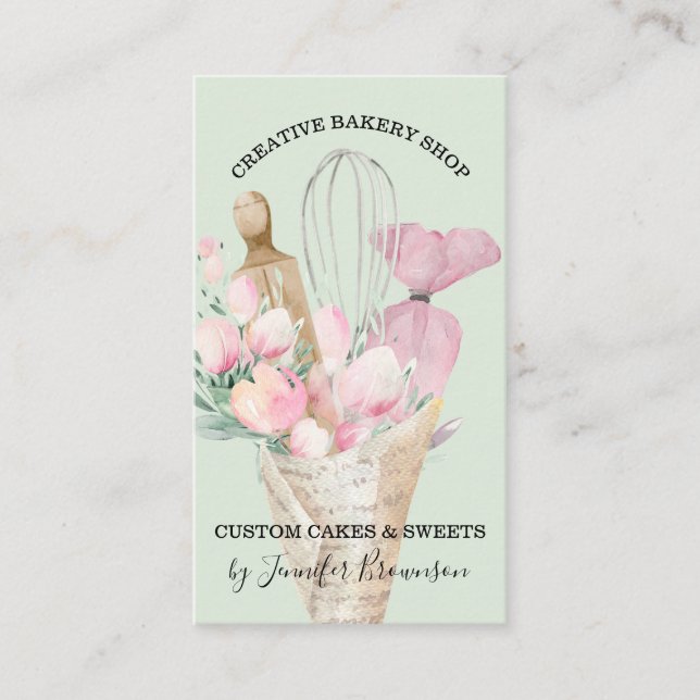 Carte De Visite Boulangerie Verte Chef pâtisserie Fleurs roses Boh (Devant)