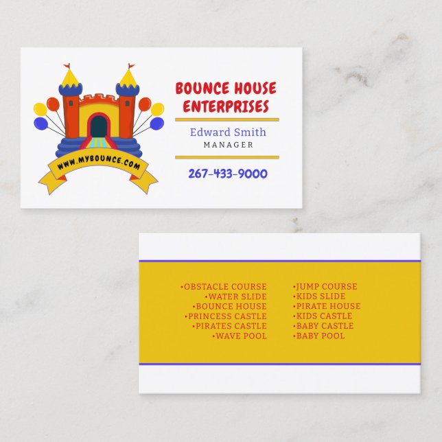 CARTE DE VISITE BOUNCE HOUSE INFLATABLES FÊTE ANNIVERSAIRE AFFAIRE (Devant / Derrière)