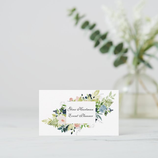 Carte De Visite Bouquet aquarelle bleu professionnel et rose pâle (Debout devant)