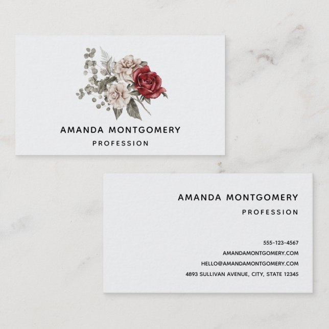 Carte De Visite Bouquet de fleurs rouge gris et crème Boho (Devant / Derrière)
