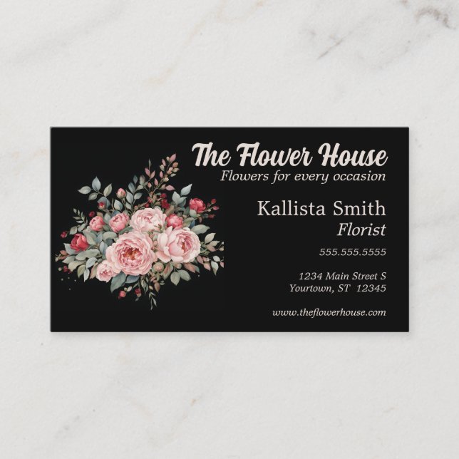 Carte De Visite Bouquet de rose sur le designer floriste noir (Devant)