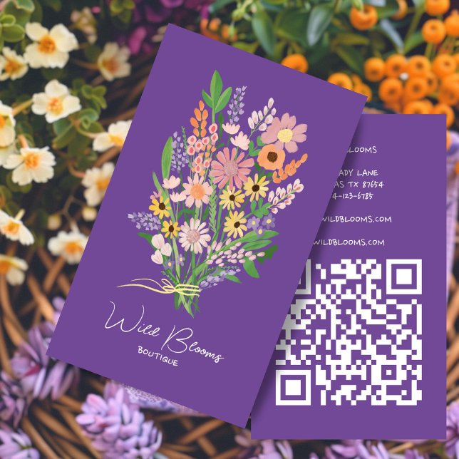 Carte De Visite Bouquet fleur sauvage Rustique artisanal Floral QR (Wildflower Bouquet Rustic Handmade Floral QR Code Business Card
)