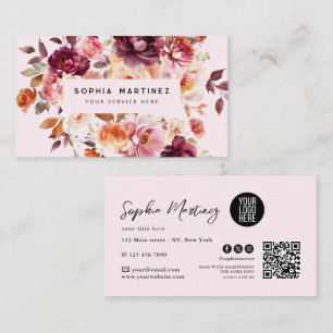 Carte De Visite Bouquet floral aquarelle bordeaux & logo QR Code