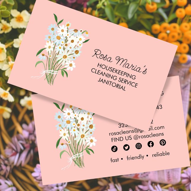 Carte De Visite Bouquet Floral Service de nettoyage de maison Icôn (Floral Bouquet House Cleaning Service Social Icons Business Card
)