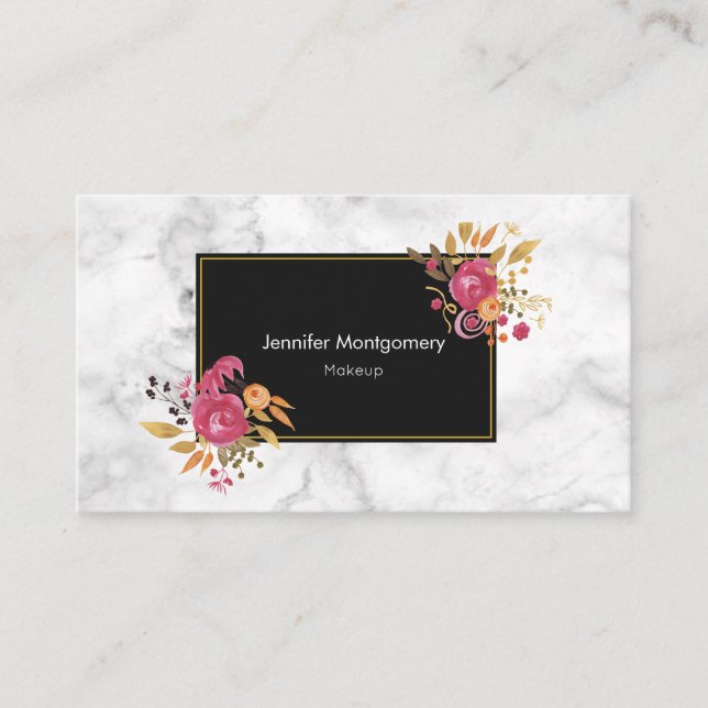 Carte De Visite Bouquets de coin rose floral sur cadre noir (Devant)