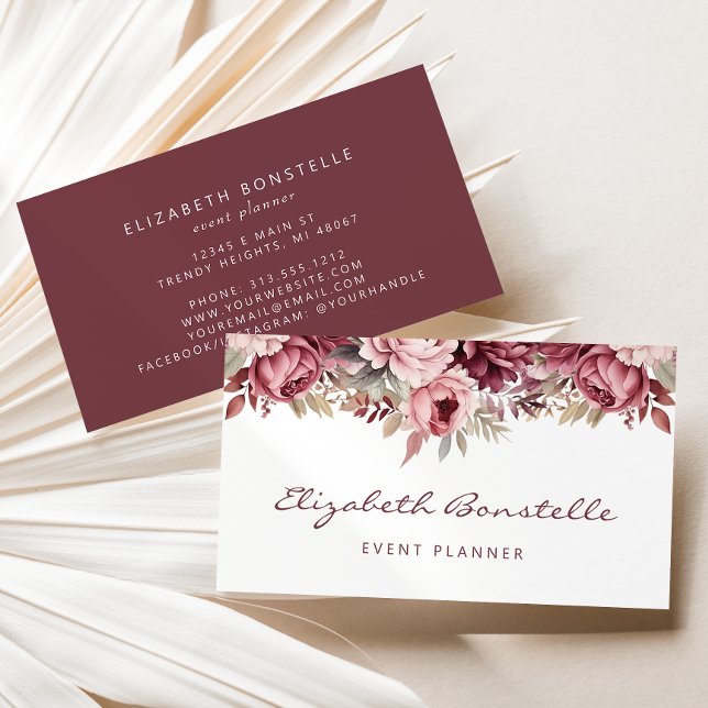 Carte De Visite Bourgogne Dusty Rose Aquarelle Florale (Créateur téléchargé)