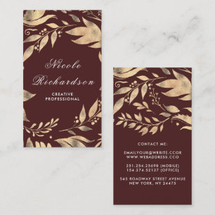 Carte De Visite Bourgogne et Feuilles d'or Wreath Modern Chic