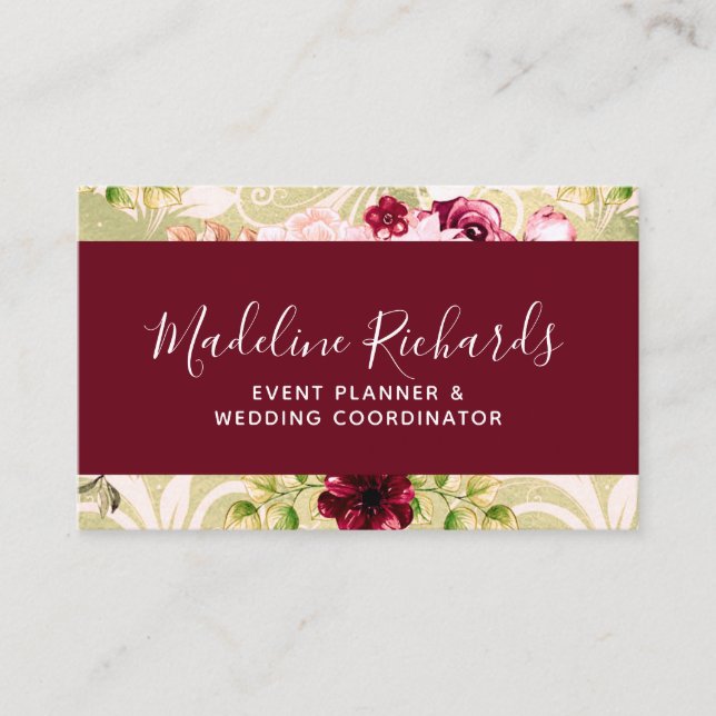 Carte De Visite Bourgogne & Flore verte avec les icônes des médias (Devant)