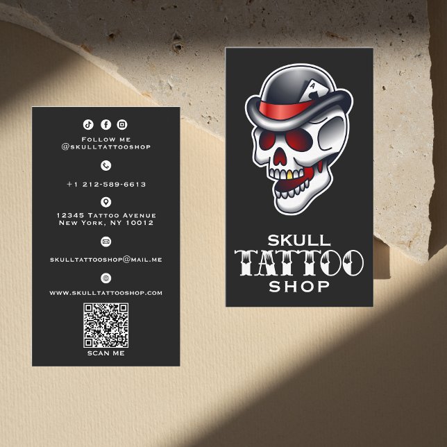 Carte De Visite Boutique de tatouage crâne vintage (Vintage Skull Tattoo Shop Business Card)
