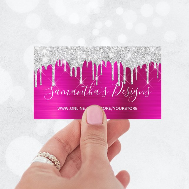 Carte De Visite Boutique en ligne de Parties scintillant d'argent  (Silver Glitter Drips Hot Pink Foil Online Store Business Card)