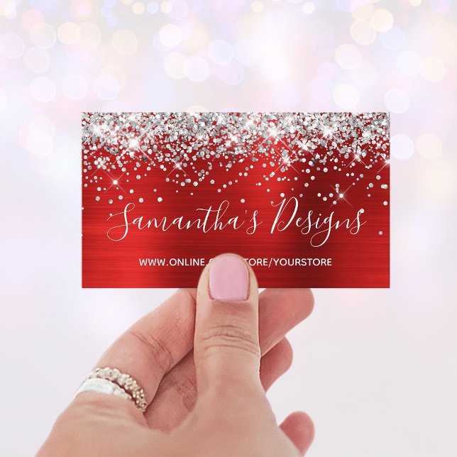 Carte De Visite Boutique en ligne Parties scintillant argent rouge (Silver Glitter Bright Red Foil Online Store Business Card)