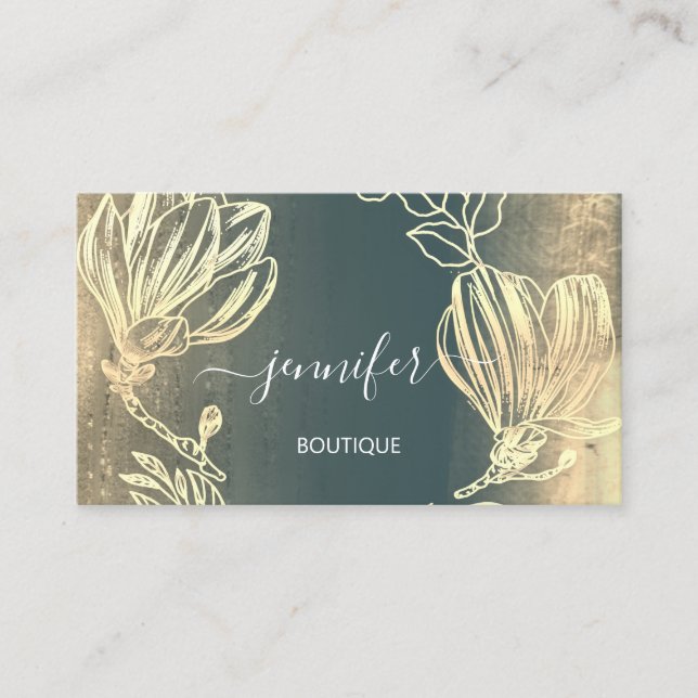 Carte De Visite Boutique Green Gold Fleurs QRCode (Devant)