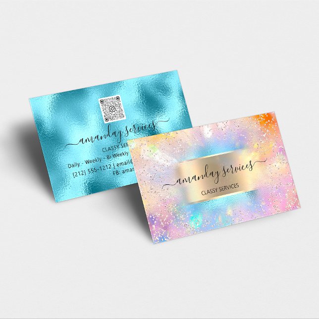 Carte De Visite Boutique Holographique Ocean Gold Confetti QR (Holographic Ocean Gold Confetti Boutique Shop QR Business Card)