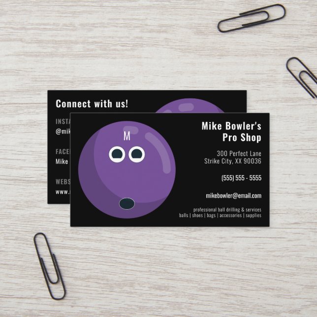 Carte De Visite Boutique Pro Bowling Professionnel | Noir (Devant/Arrière en situation)