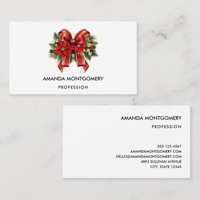 Carte De Visite Bow de Noël Festif Rouge et Or (Devant / Derrière)