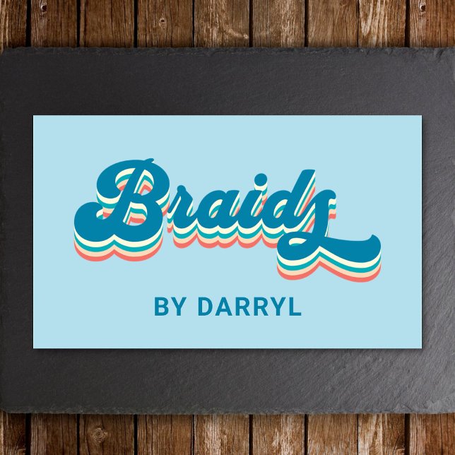 Carte De Visite Braids Braiding Braider Super Retro Blue (Retro blue braids business card  placed on a wood and slate background. )