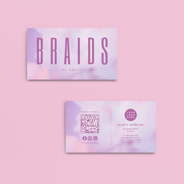 Carte De Visite Braiement des cheveux QR Code et logo Holographiqu (Créateur téléchargé)