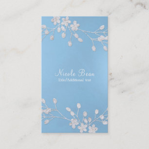 Carte De Visite Branche de fleurs blanches hiver bleu élégant chic