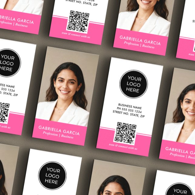 Carte De Visite Bright Pink Logo QR Code Photo Professional (Image shows standard size business card, choose size and paper type.)