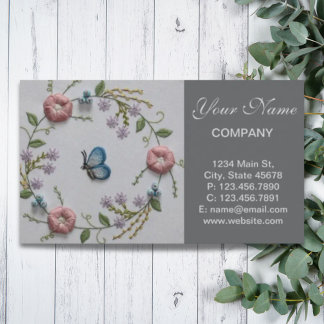 Carte De Visite Broderie rose menthe bleu floral papillon