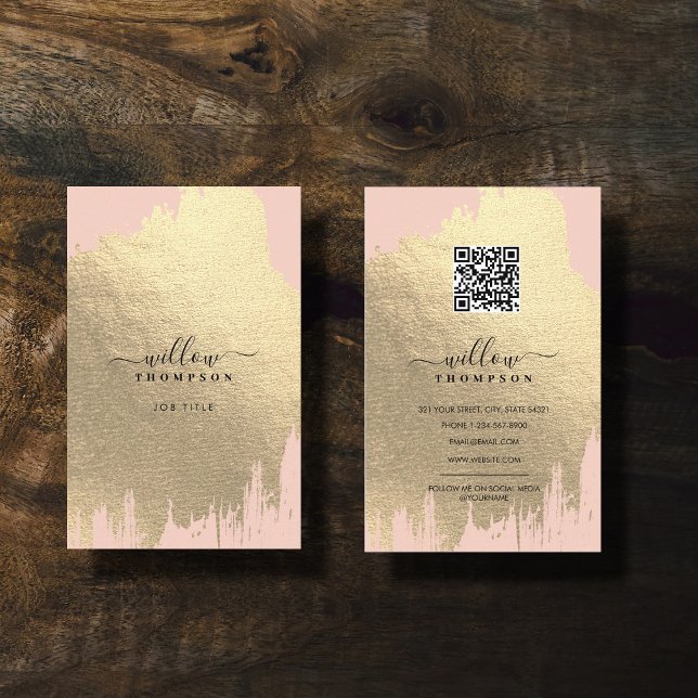Carte De Visite Brosse à pinceau rose vierge à huile d'or Code QR (Blush Pink Rose Gold Foil Brush Stroke QR Code Business Card)