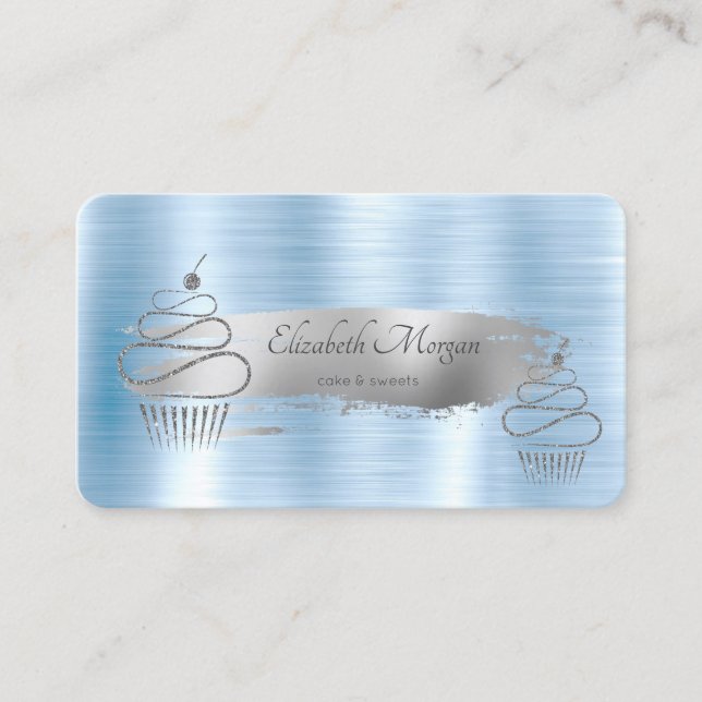 Carte De Visite Brosse Argent, Parties scintillant Cupcakes Blue M (Devant)