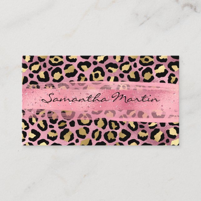Carte De Visite Brosse Leopard Pink et Gold Foil Spot (Devant)