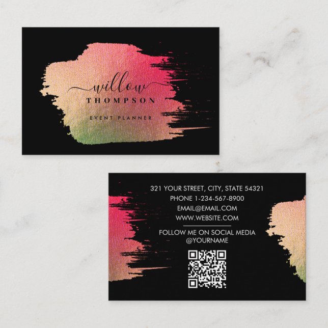 Carte De Visite Brosse Stroke Pink Gold sur Black Event Planner (Devant / Derrière)