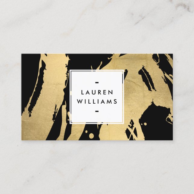 Carte De Visite Brosses Abstraites Faux Gold Foil sur noir (Devant)