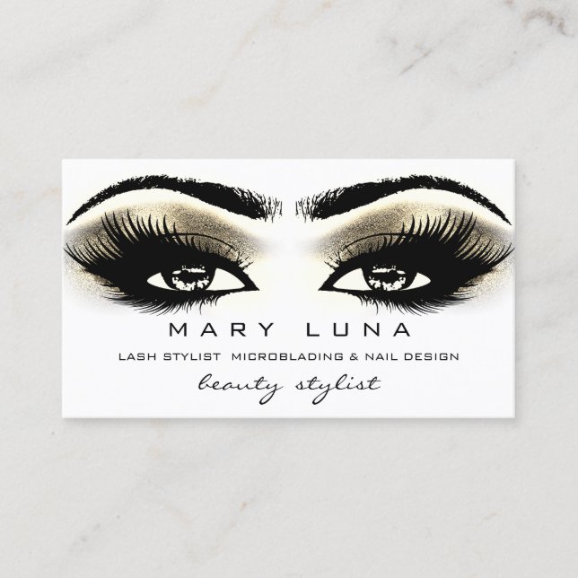 Carte De Visite Brosses de maquillage Lashes Yeux blancs or métal (Devant)